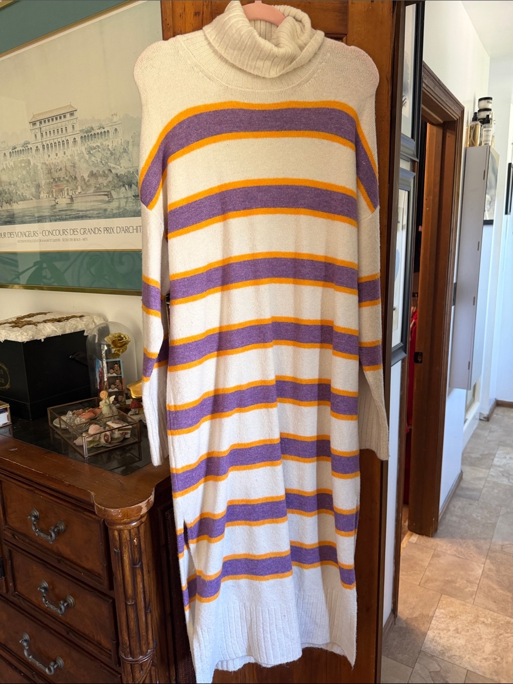 Anthropology Striped Knit Sweater Dress - Cream with Purple & Orange Stripe